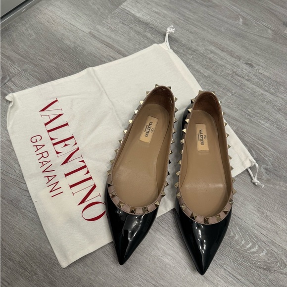 Valentino Garavani Shoes - VALENTINO Patent Rockstud Ballet Flats Black Gold Studs 37.5
